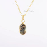 Hexagon Shape Black Copper Shell Necklace, 8x15mm Gemstone Bezel Necklace, Micron Gold Plated 925 Silver Necklace, Women's Gift Necklace